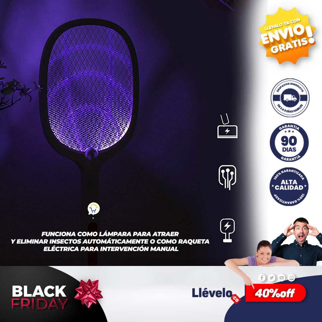 FlyOff® Raqueta eléctrica para insectos, matamosquitos, matamoscas