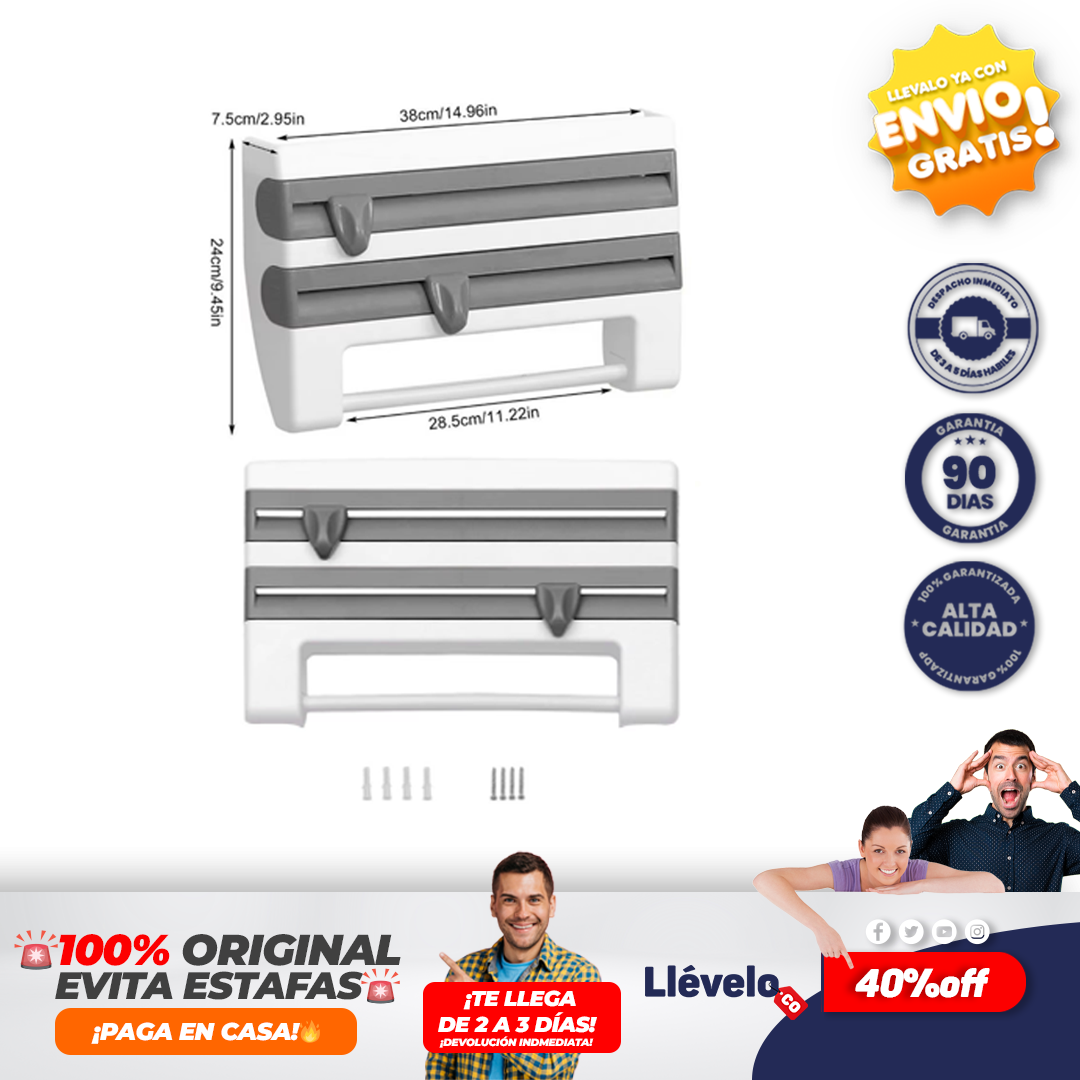 Orderly® Dispensador de película de alimentos 3 en 1
